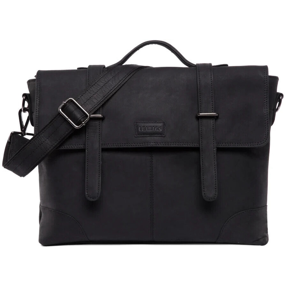 LEABAGS Liverpool Black Genuine Buffalo Leather Messenger Bag Vintage Style 14”